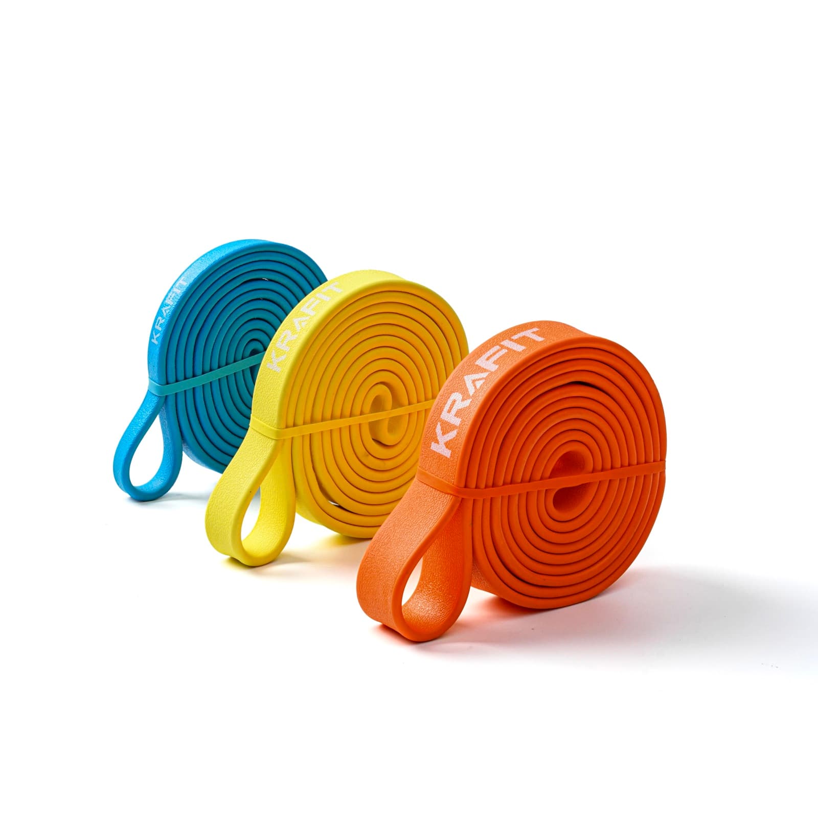 KRAFIT resistance bands in blue, yellow, and orange